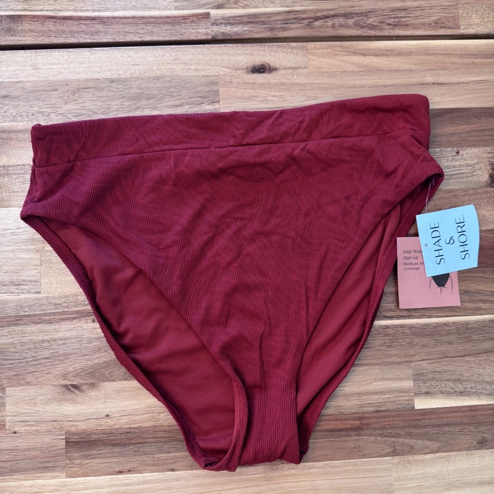 Shade & Shore Womens High Waist High Leg Bikini Bottom Red Jacquard L‎ 12-14 NEW